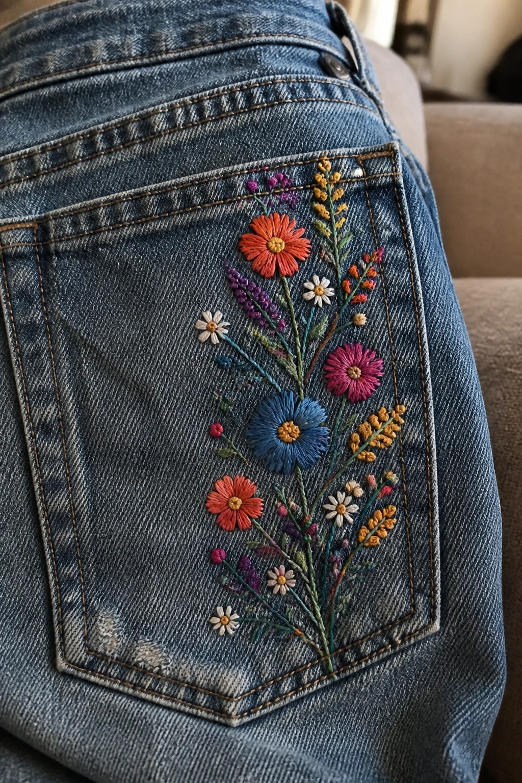 Blue denim jeans pocket with vibrant colorful floral embroidery in multiple hues.
