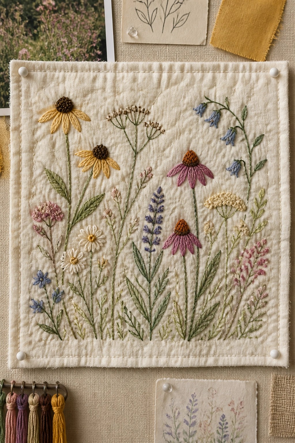 Embroidered wildflowers on textured cream fabric surrounded by sketches and threads