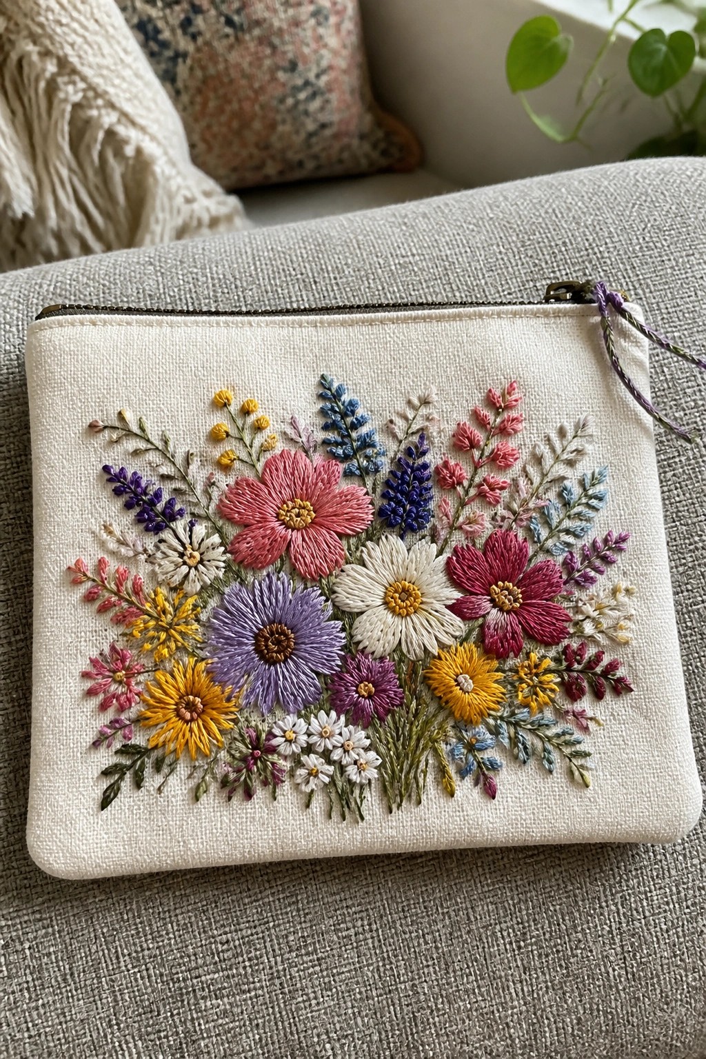 White zippered pouch with colorful floral embroidery on gray fabric surface