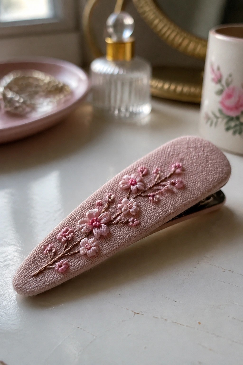 Pink embroidered hair clip with cherry blossom flowers on white surface