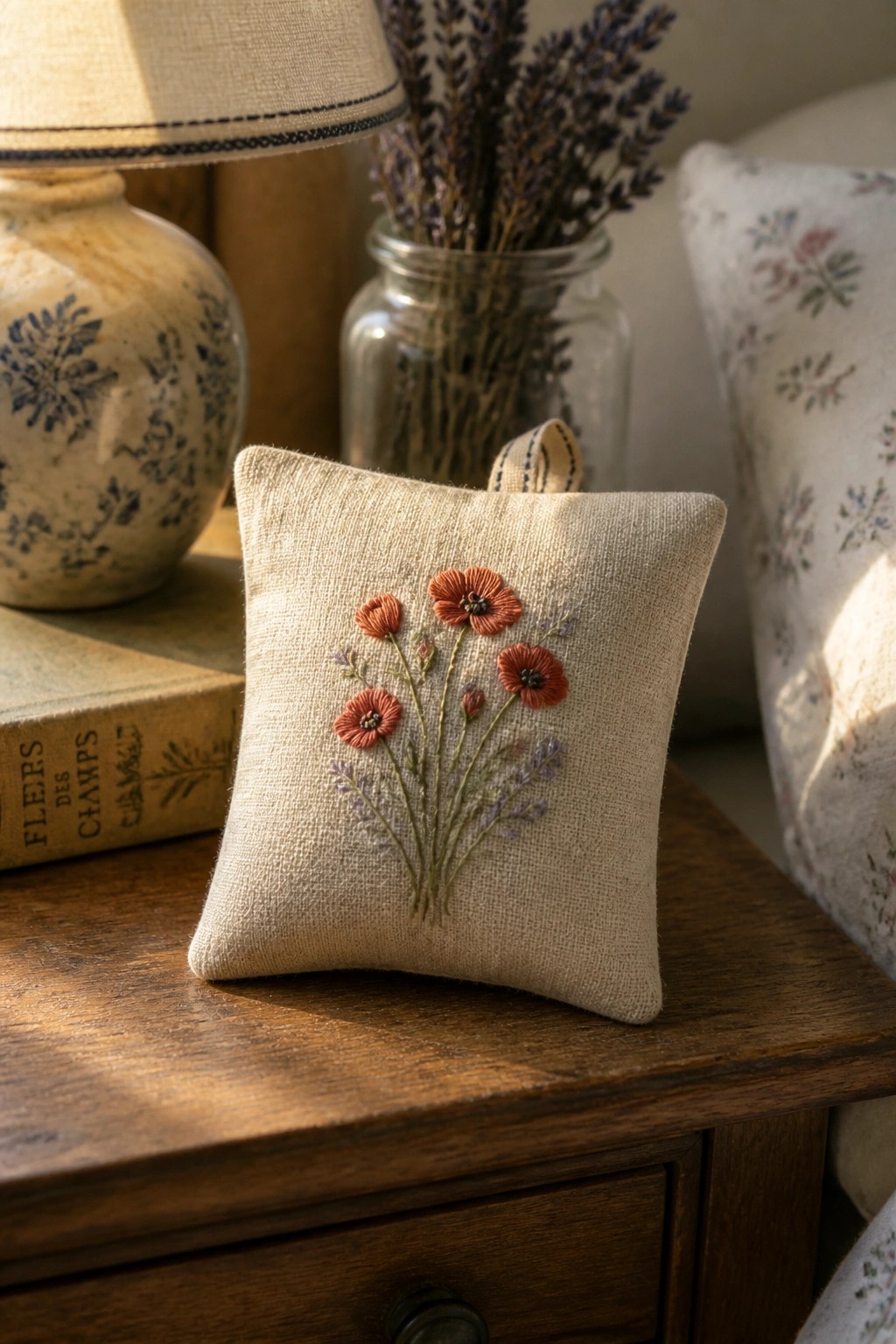 Embroidered beige pillow with orange poppies and lavender on wooden table