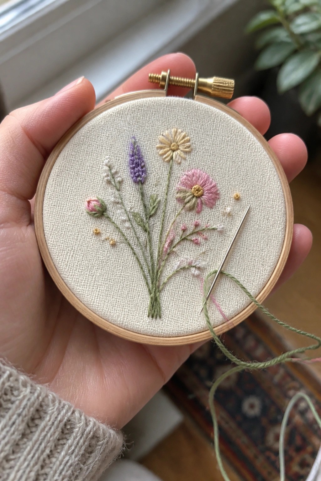 Small embroidery hoop holding a cluster of pastel wildflowers with green stems on beige fabric and a threaded needle at the bottom right.