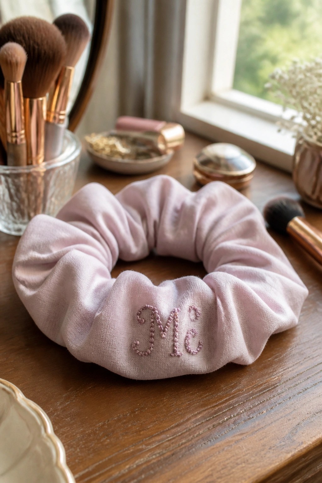 Pink velvet scrunchie with 'Mc' embroidery on wooden vanity with makeup brushes