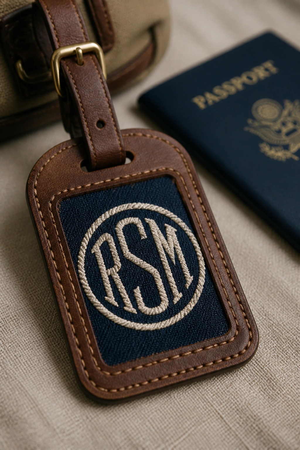 Brown leather luggage tag with RSM monogram beside navy passport on beige fabric