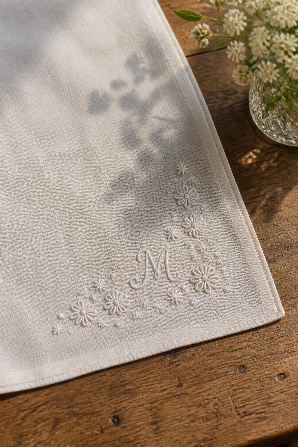 White linen napkin embroidered with monogram M and daisies on wooden table