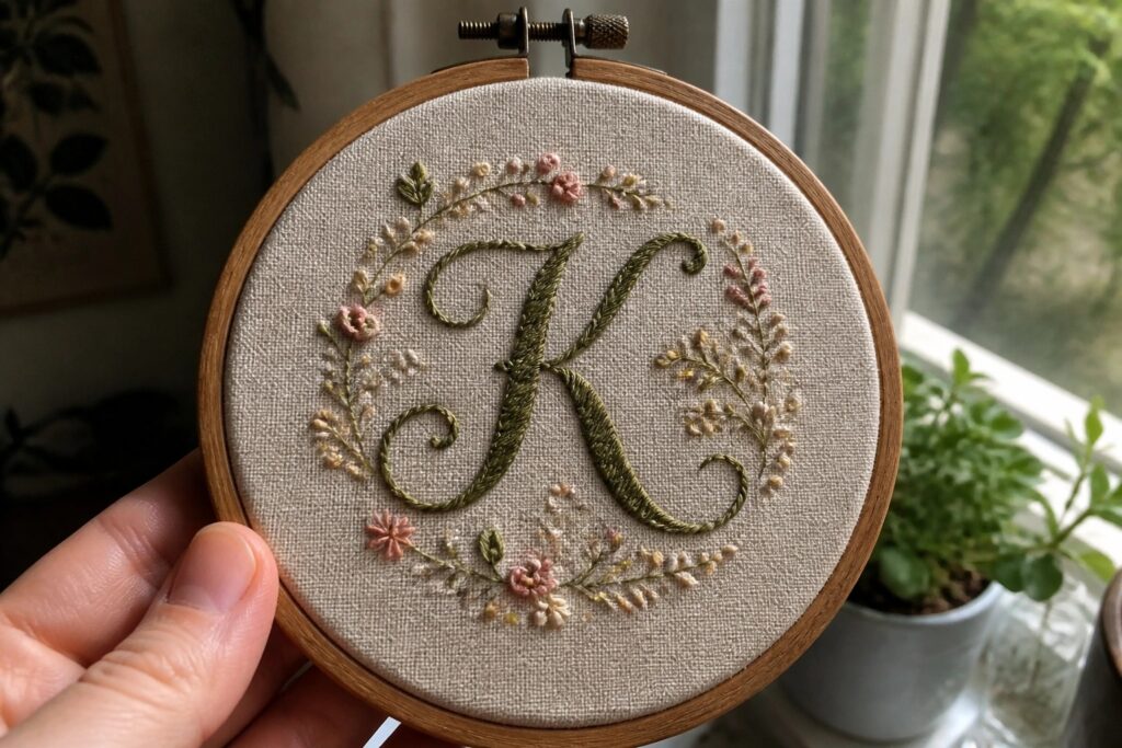 19 Charming Monogram Embroidery Designs for Personalized Gifts Hand holding wooden hoop with pink embroidered M and floral wreath on beige fabric