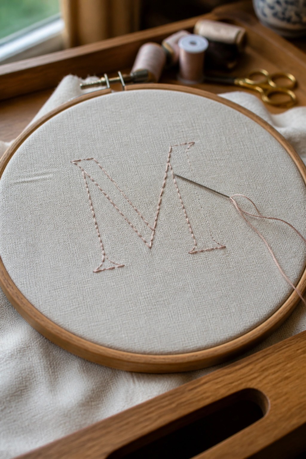 Wooden embroidery hoop with unfinished pink M on beige fabric, needle with thread