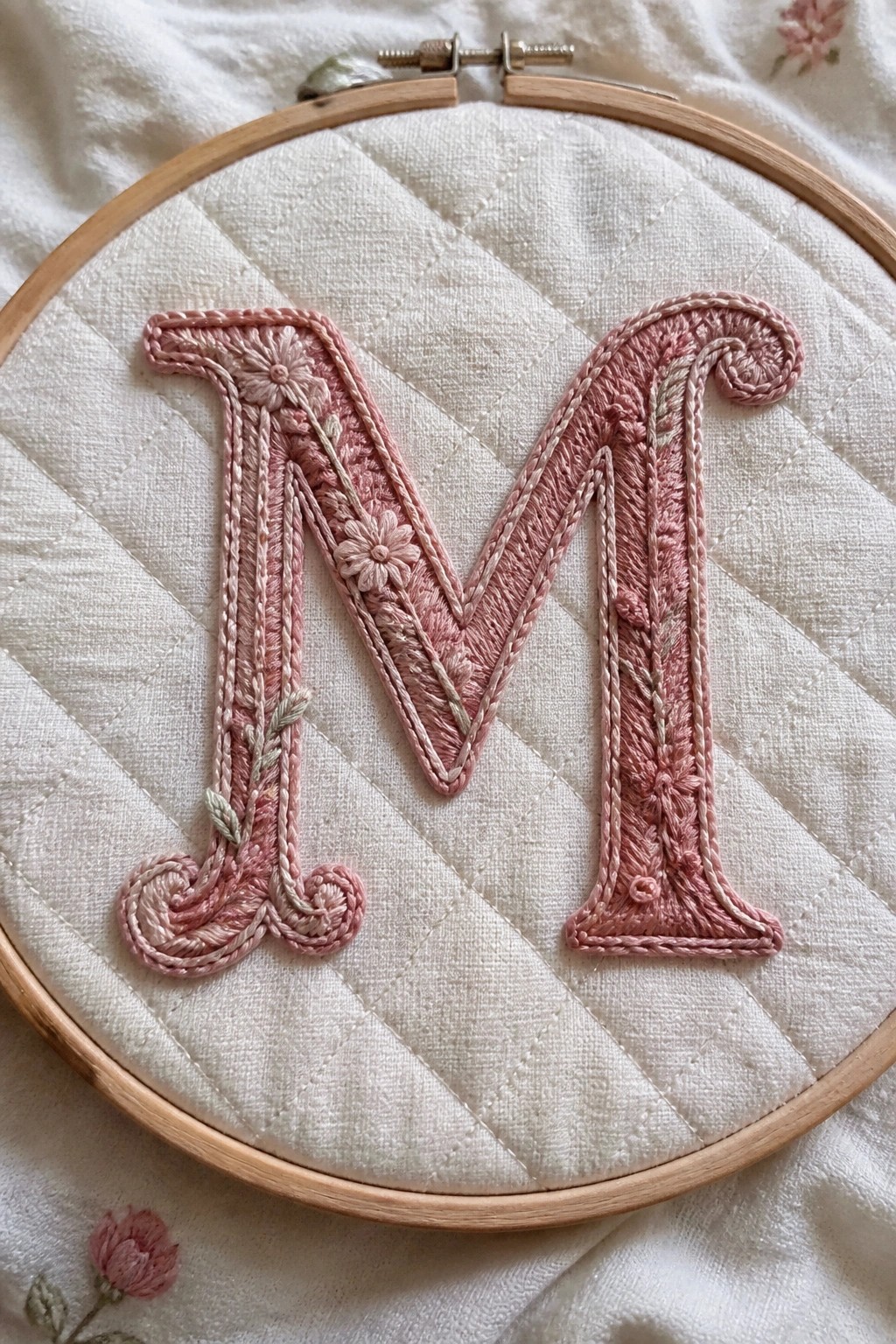 Pink embroidered letter M with flowers and leaves in wooden hoop.