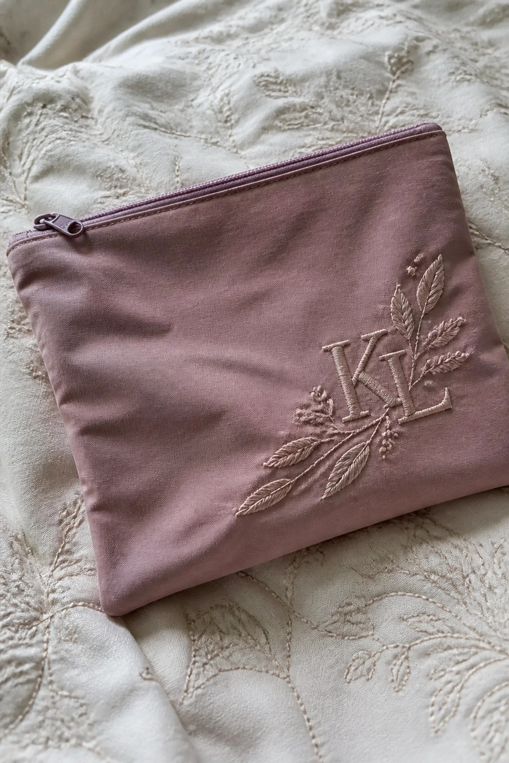 Mauve zippered pouch embroidered with 'KL' and leafy florals on white quilt.