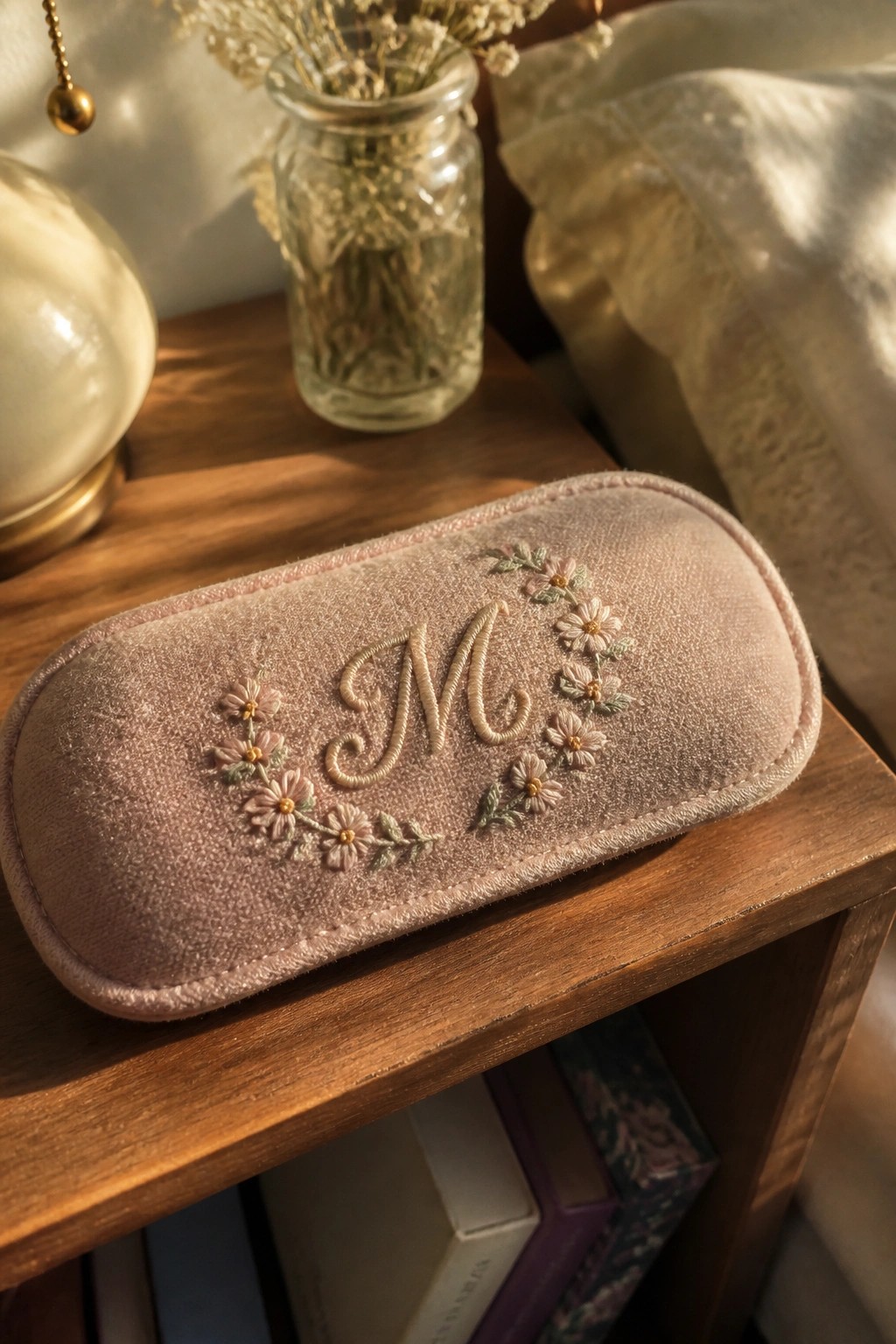 Light pink velvet pouch with embroidered letter M and small daisy flowers around it.