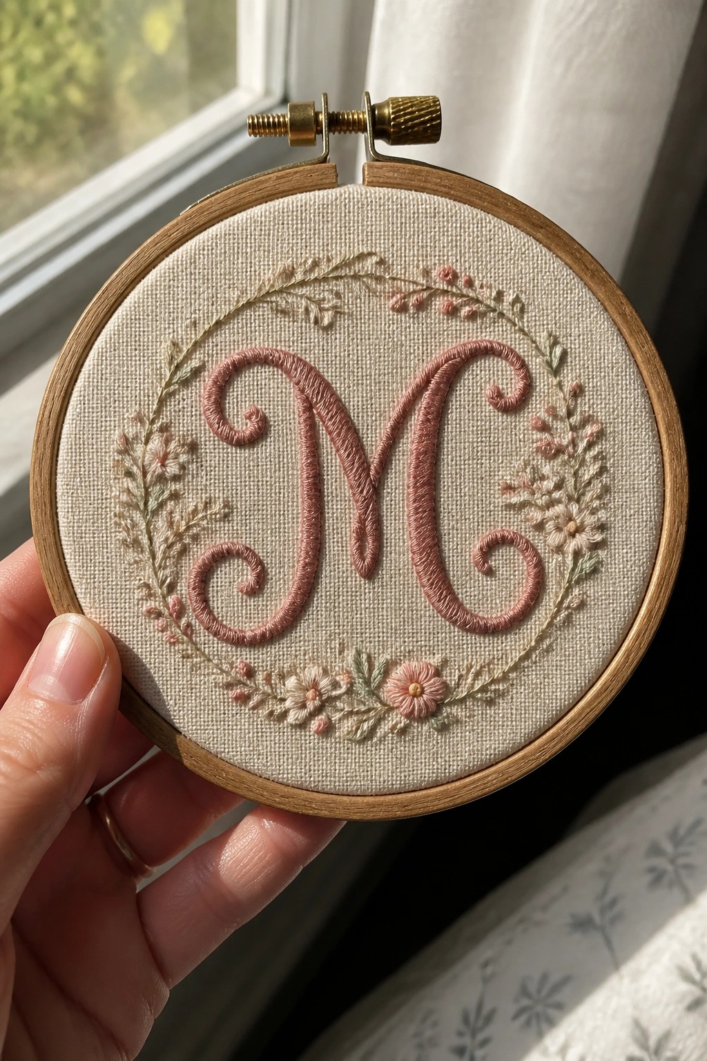 Hand holding wooden hoop with pink embroidered M and floral wreath on beige fabric