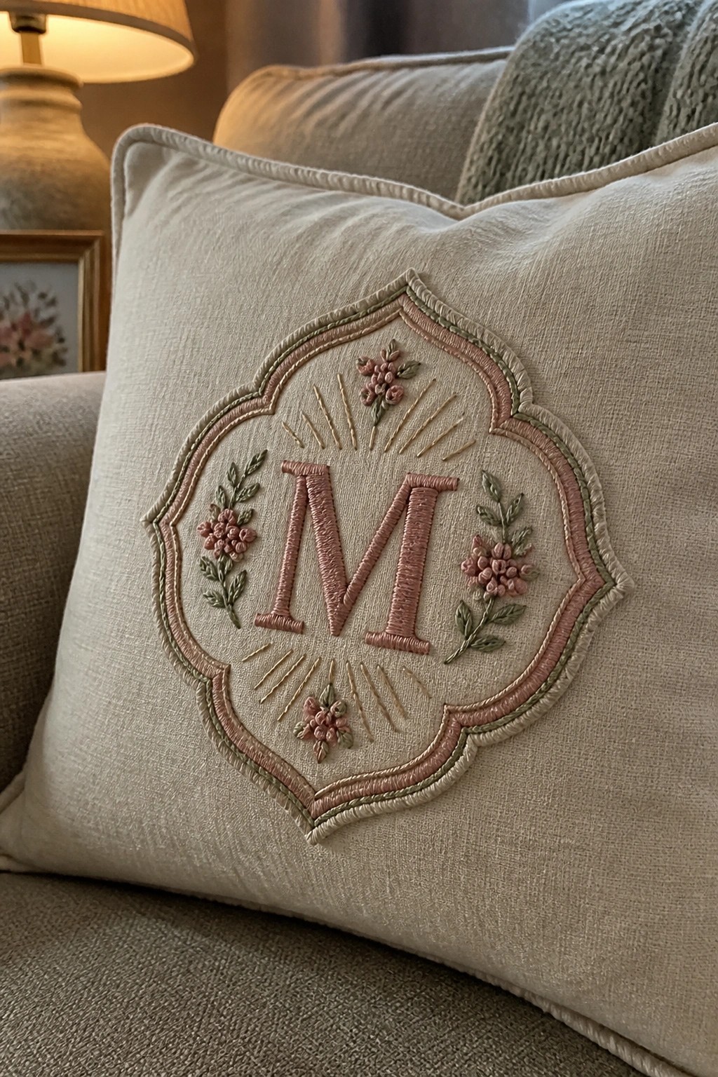 Beige pillow with pink monogram M inside a shield border, flanked by small pink flowers and green leaves, plus gold radiating lines.