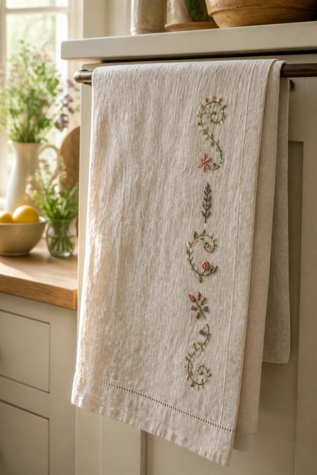 Embroidered cream linen towel with floral swirls hanging on kitchen rack.