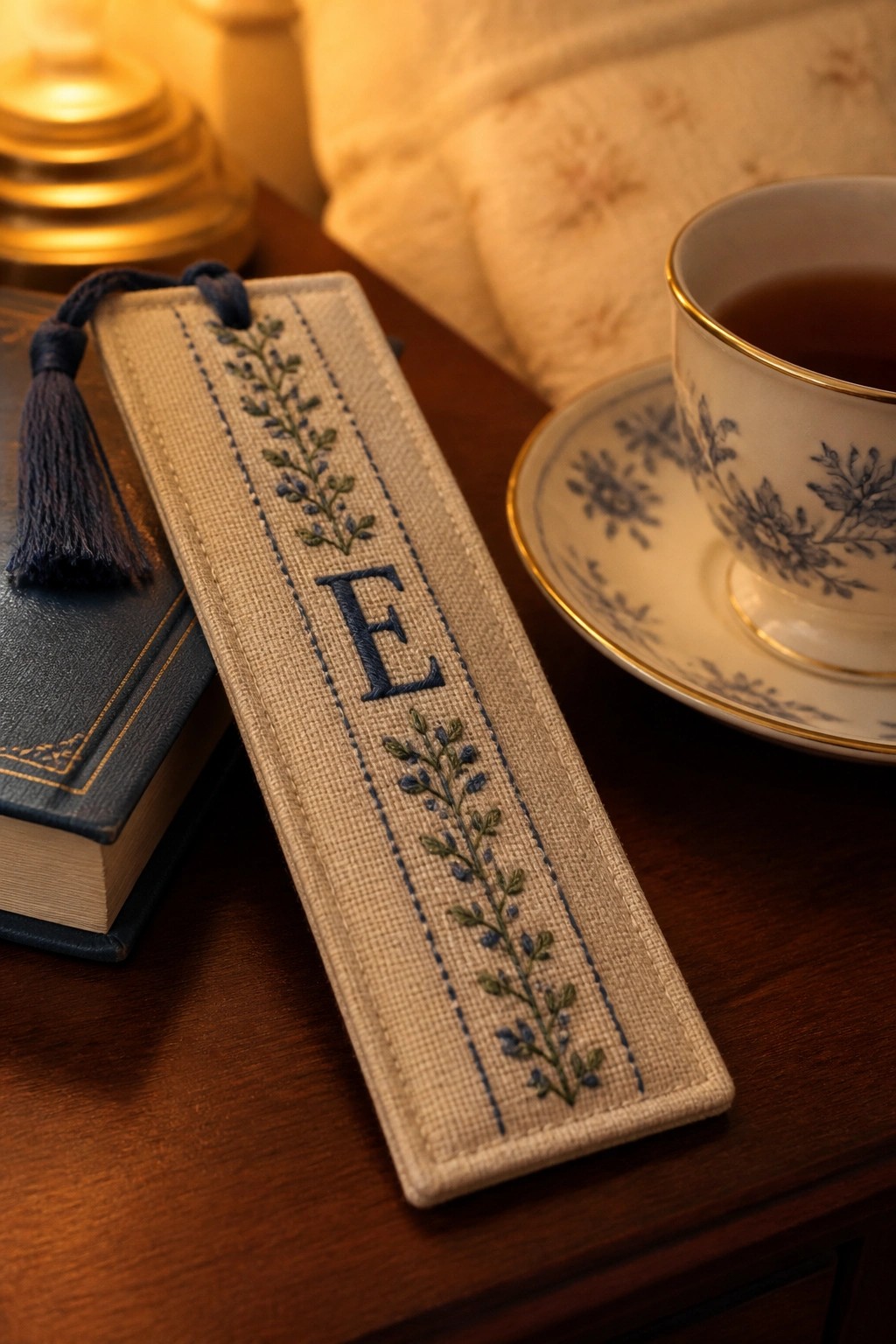 Embroidered bookmark with blue E beside floral teacup and book on wooden table