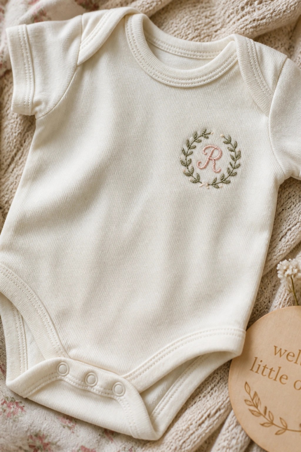 Cream baby onesie with pink R monogram in leafy wreath beside wooden welcome sign