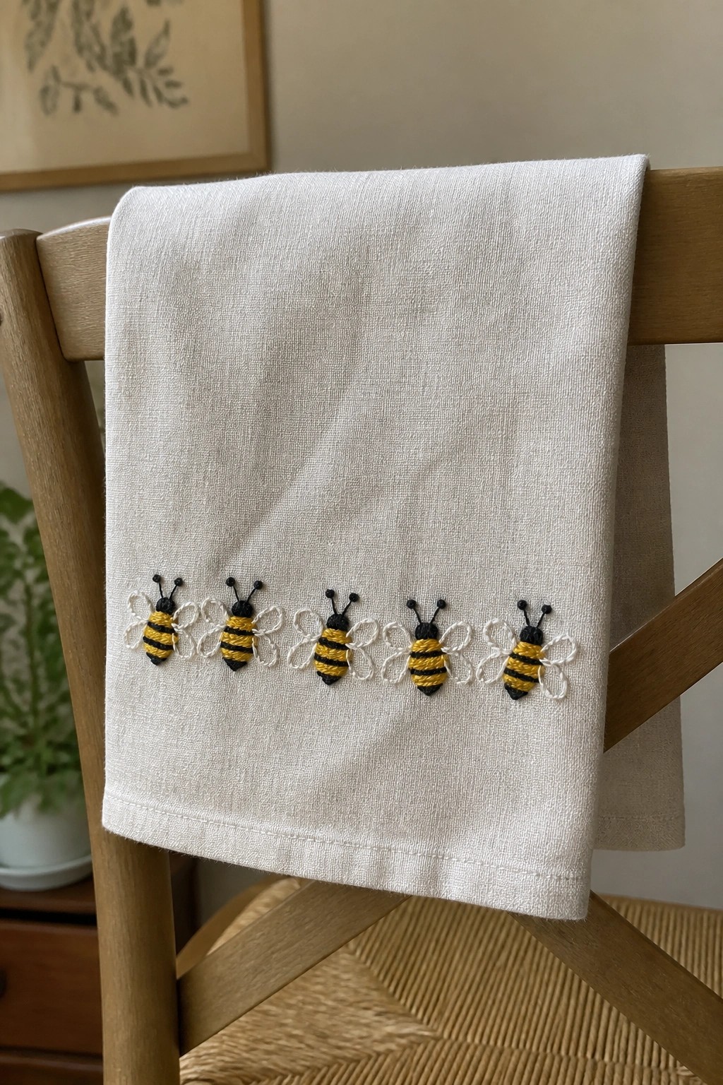 White towel with embroidered bees draped over wooden chair back