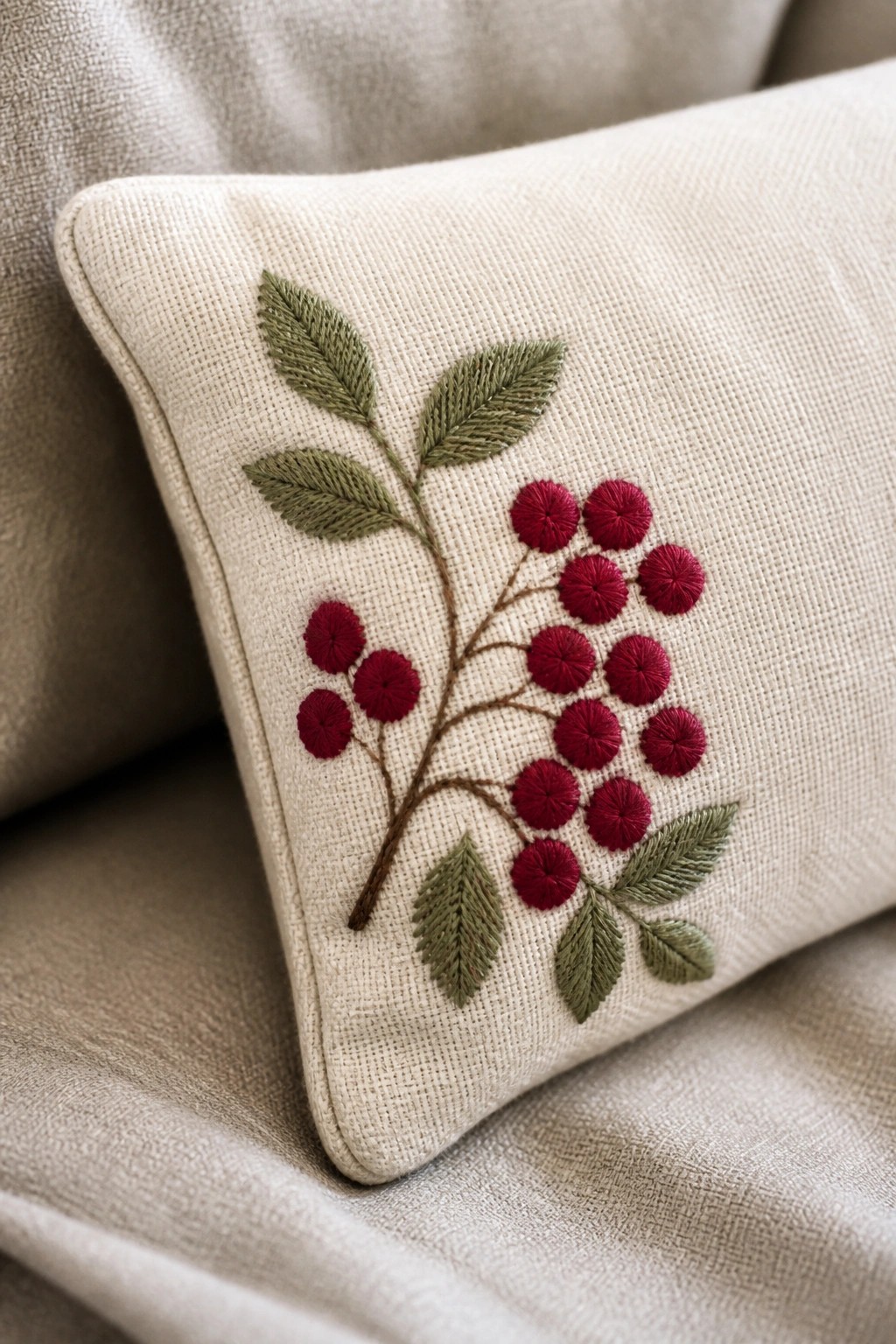 Cream pillow embroidered with red berries on a leafy branch