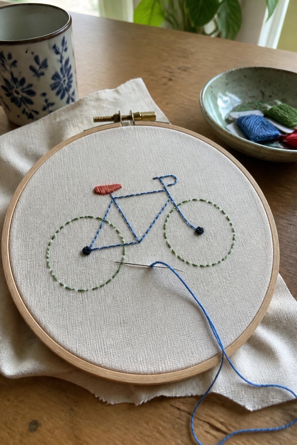 Bicycle embroidered in blue, green, and orange thread on white fabric in a wooden hoop with needle and loose blue thread visible.