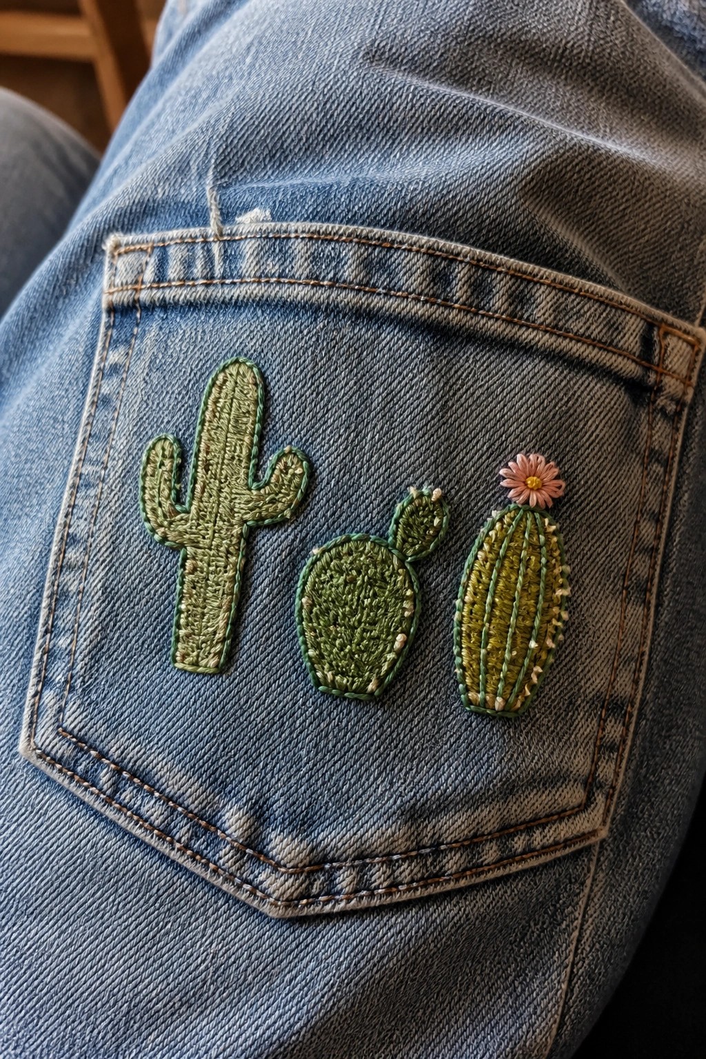 Three embroidered green cacti on faded blue denim jeans pocket