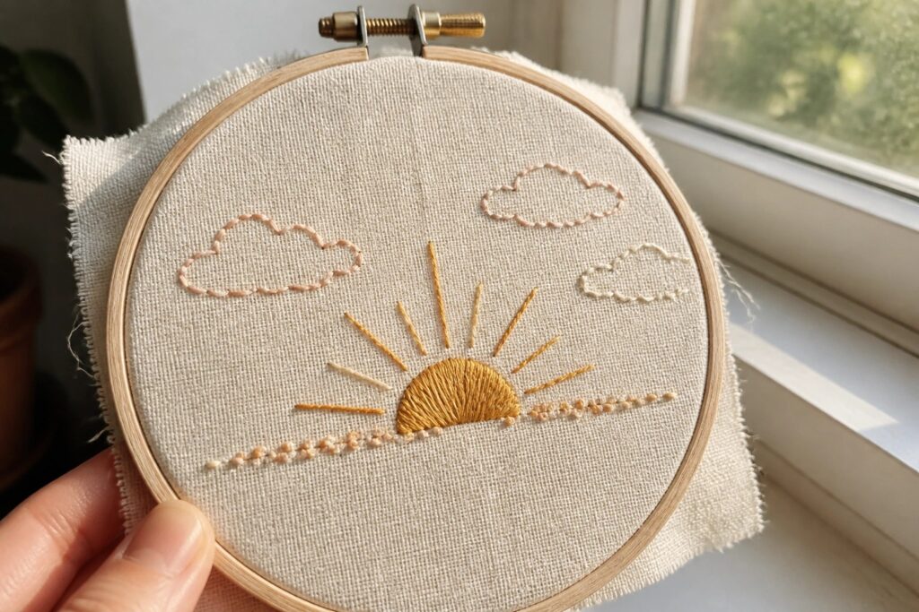 Embroidery hoop with a yellow sun, orange rays, pink clouds, and a row of small dots on beige fabric.