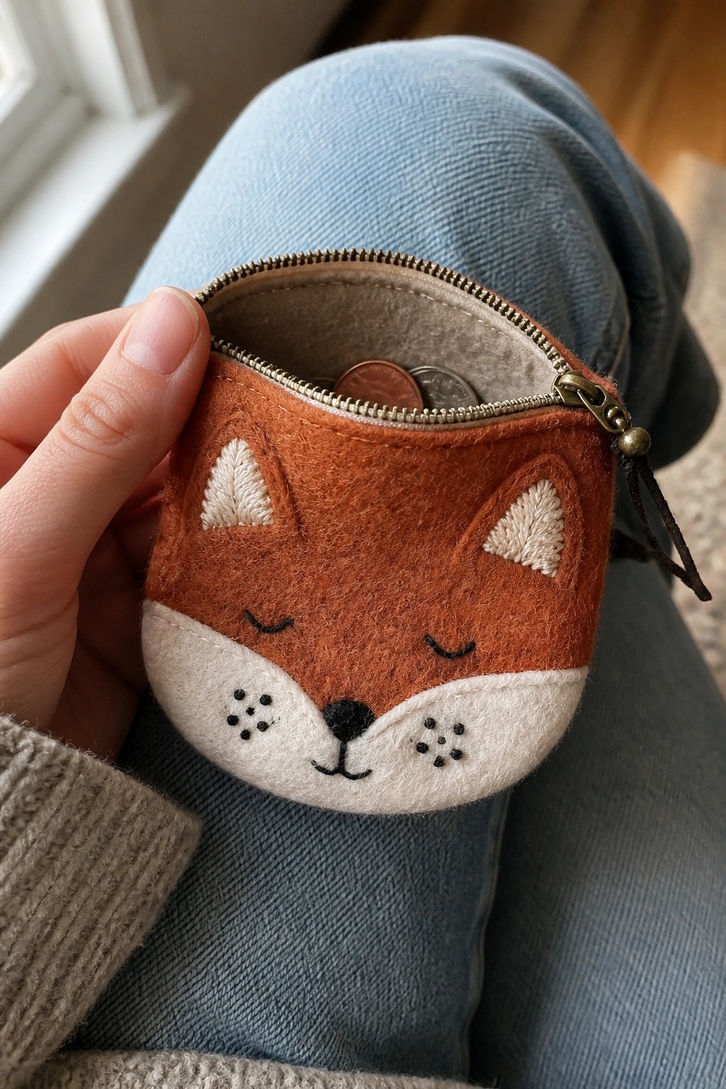 Hand holds open orange felt fox coin purse with coins on blue jeans.