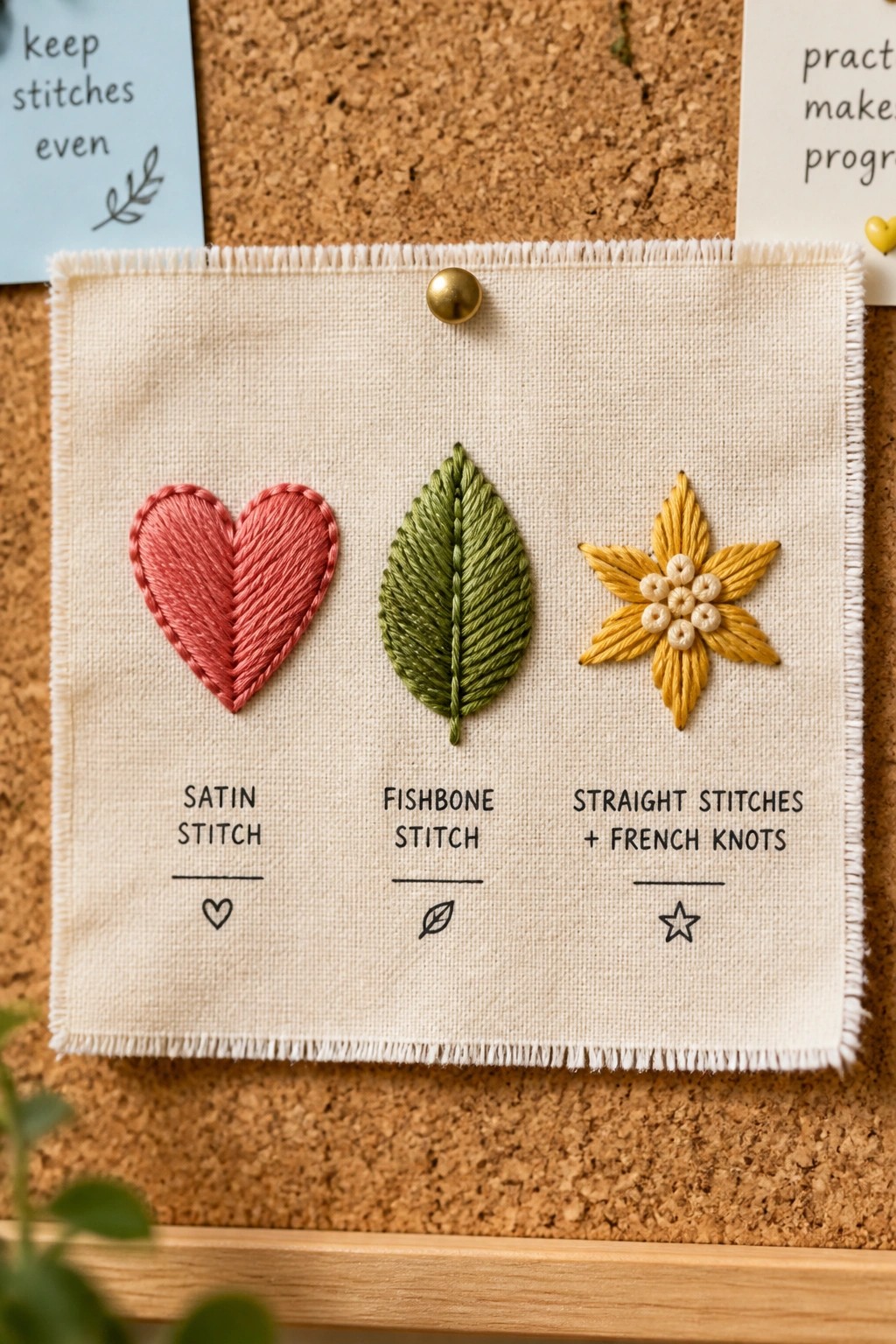 Embroidered red heart, green leaf, and yellow flower on fabric with stitch labels