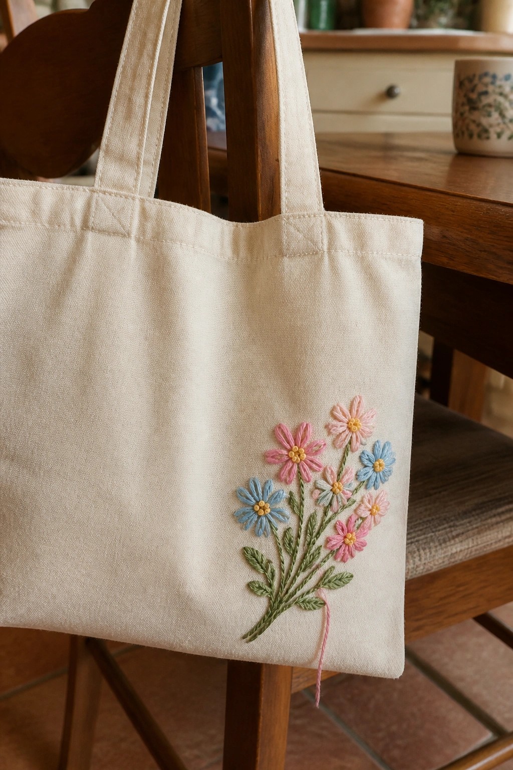 Cream tote bag with pink and blue floral embroidery on wooden chair