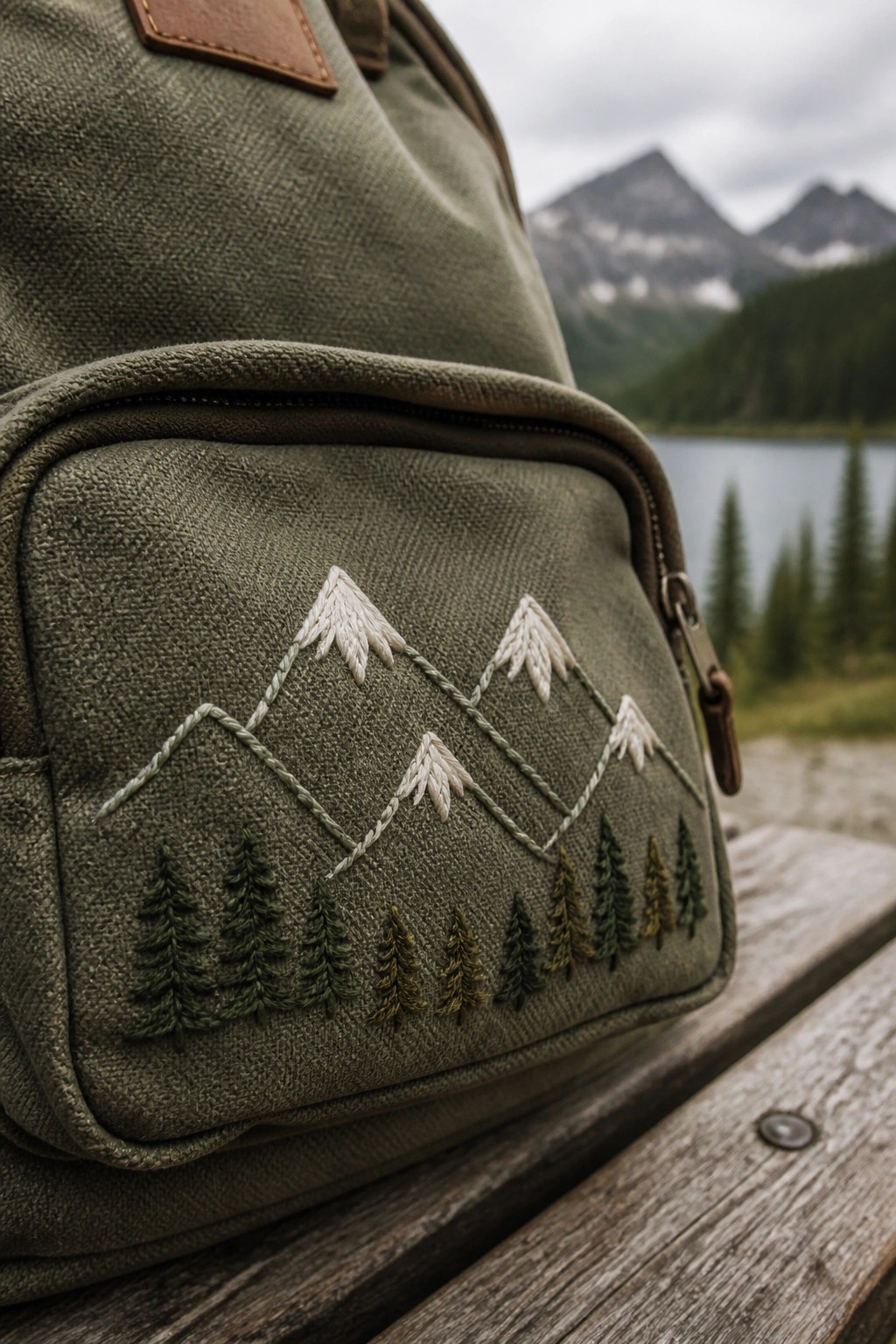 Green canvas bag with embroidered mountains and pine trees on wooden bench