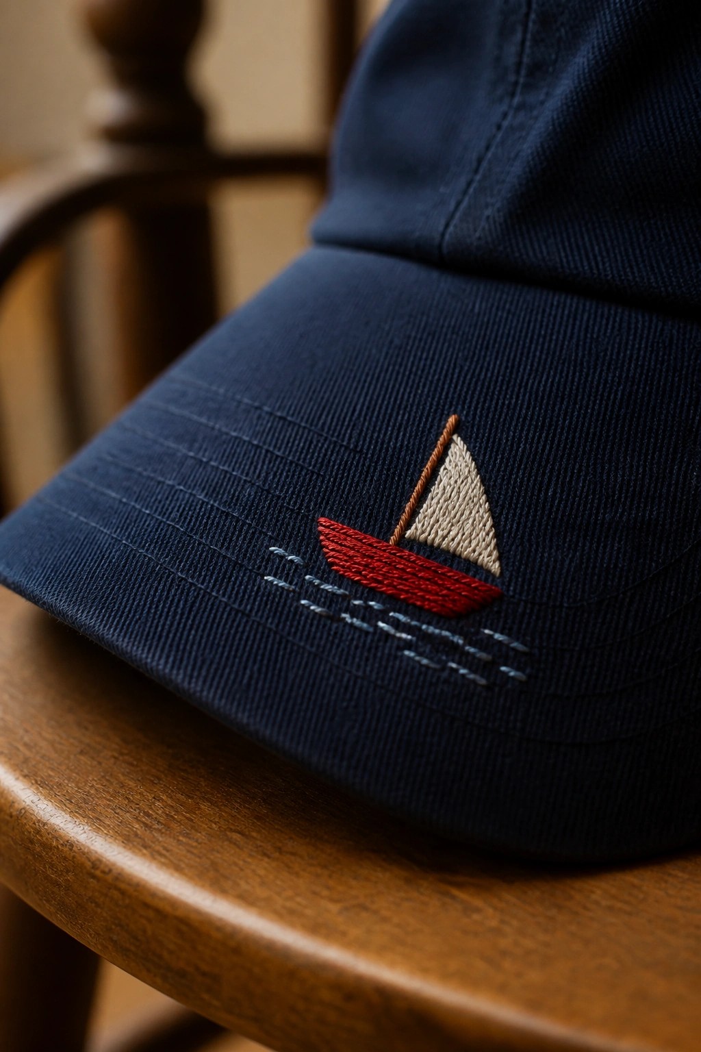 Navy blue cap with embroidered red sailboat and blue waves on wood