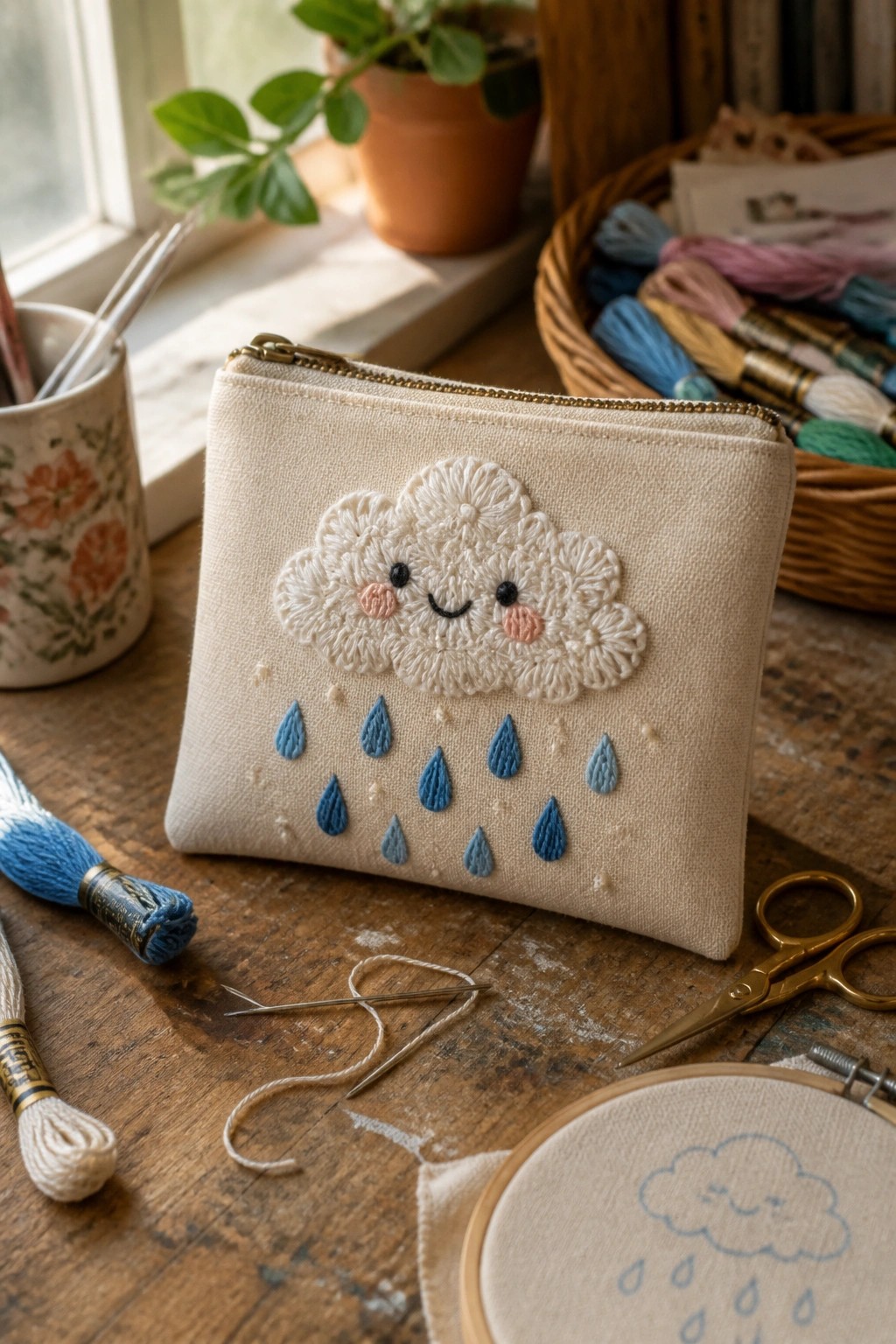 Beige embroidered pouch with smiling cloud and blue raindrops on wooden table with supplies