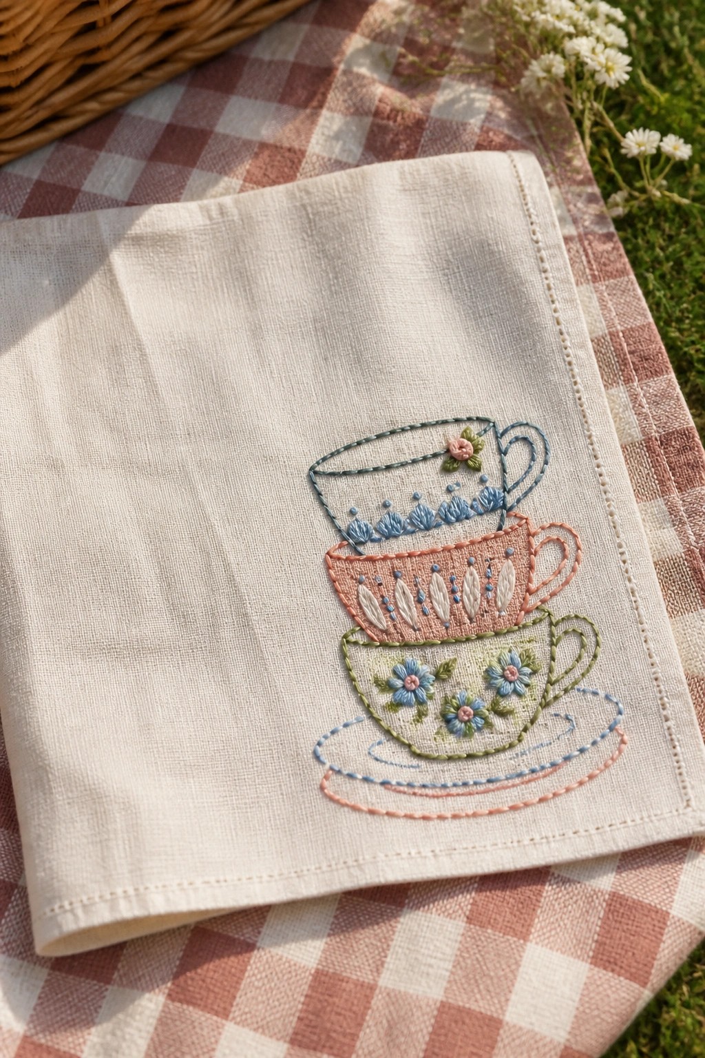 Embroidered white napkin with stacked pastel teacups on red gingham picnic blanket.