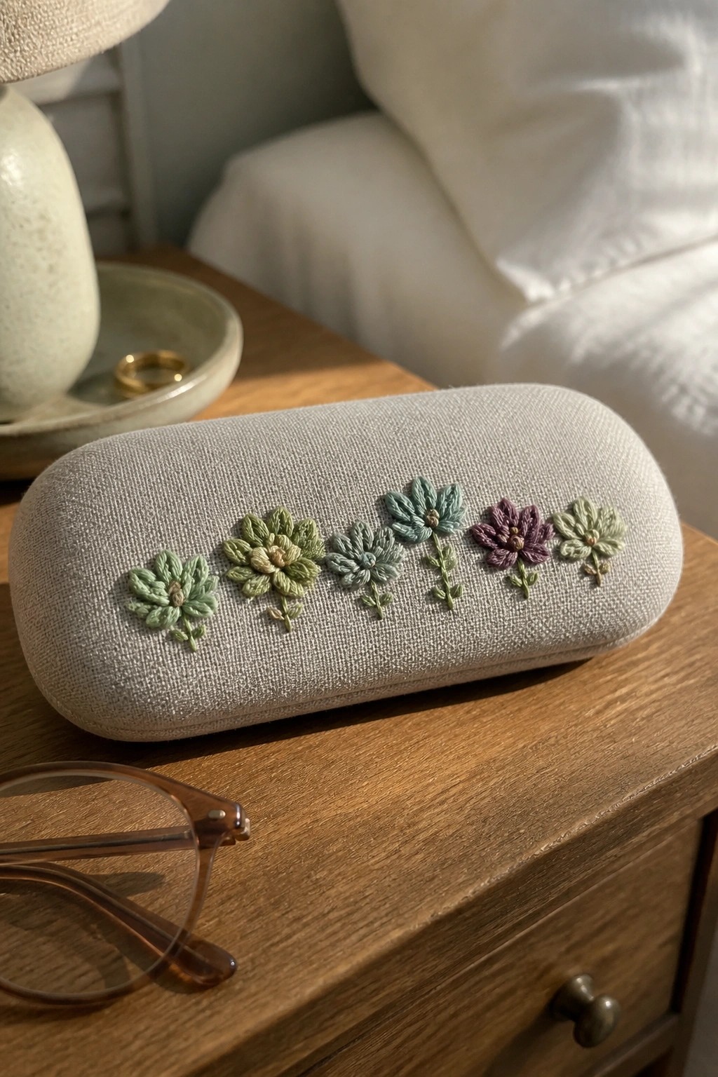Pastel floral embroidery on gray fabric glasses case beside brown eyeglasses on wood