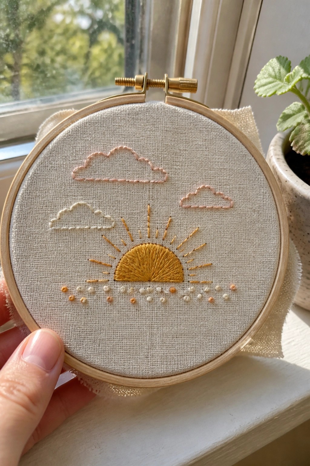 Embroidery hoop with a yellow sun, orange rays, pink clouds, and a row of small dots on beige fabric.