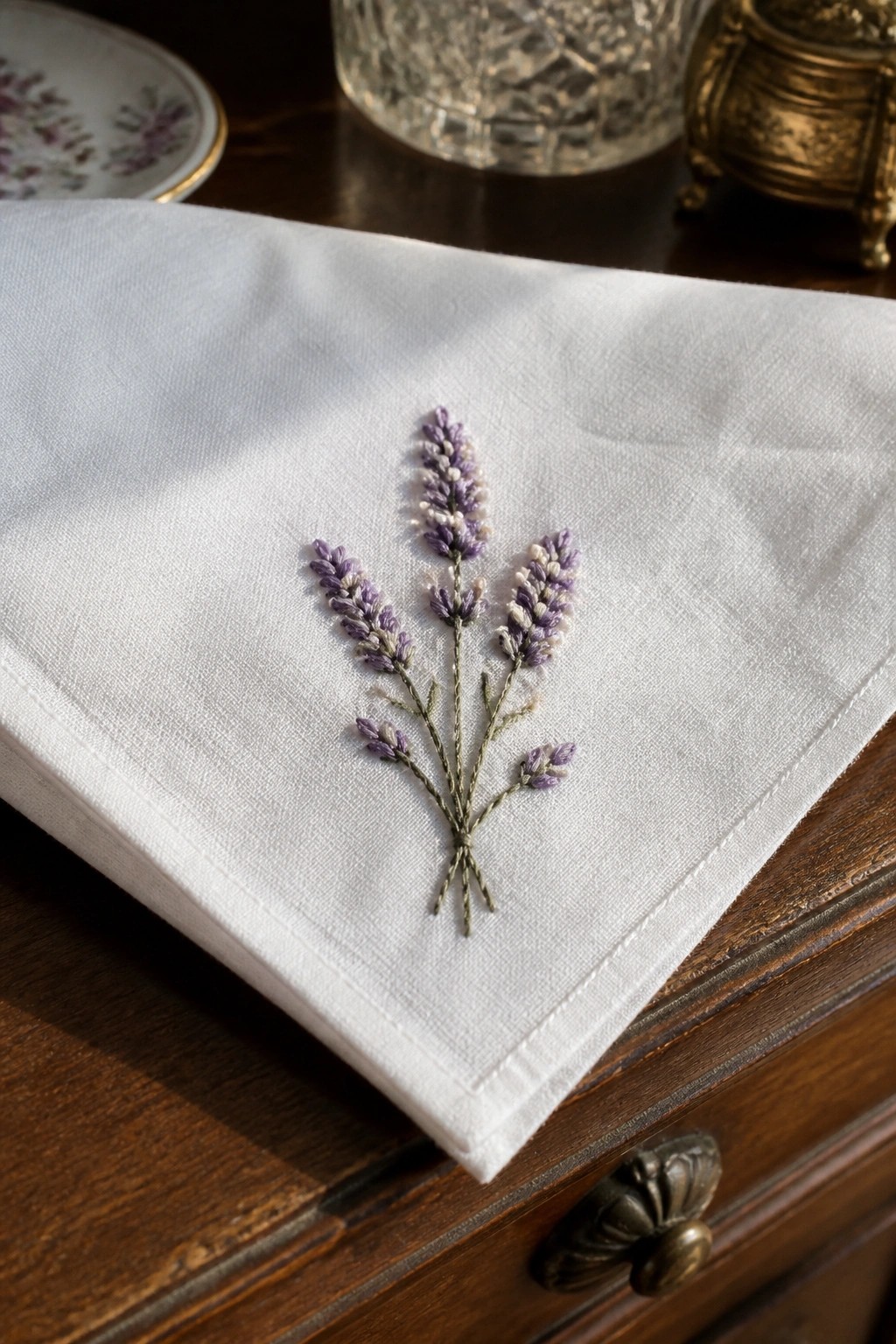 White napkin with purple lavender embroidery on dark wooden table.