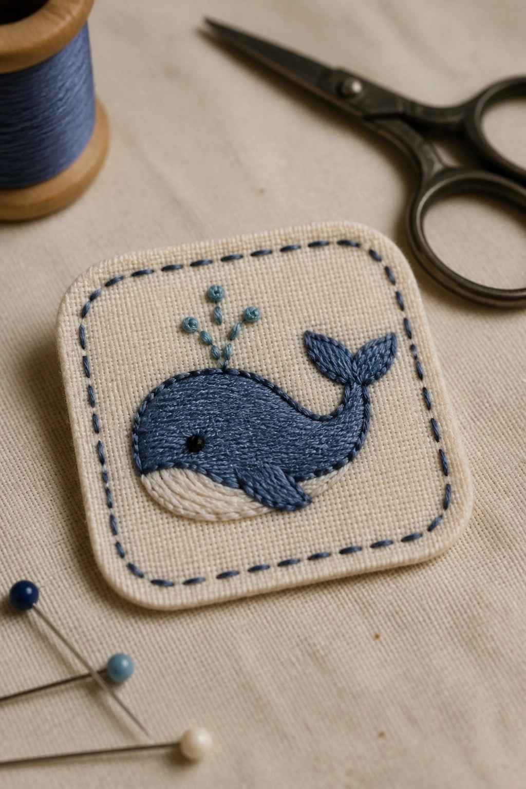 Embroidered blue whale on beige fabric patch beside thread spool and scissors