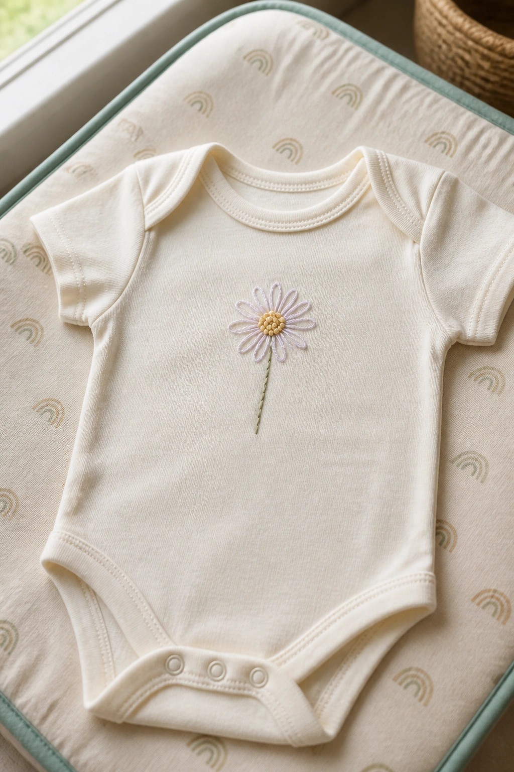Cream baby onesie with daisy embroidery on rainbow-patterned changing pad
