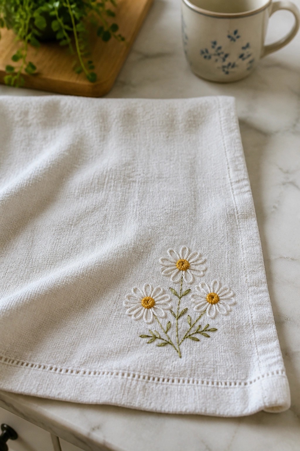 White linen napkin with embroidered daisies on marble beside floral mug