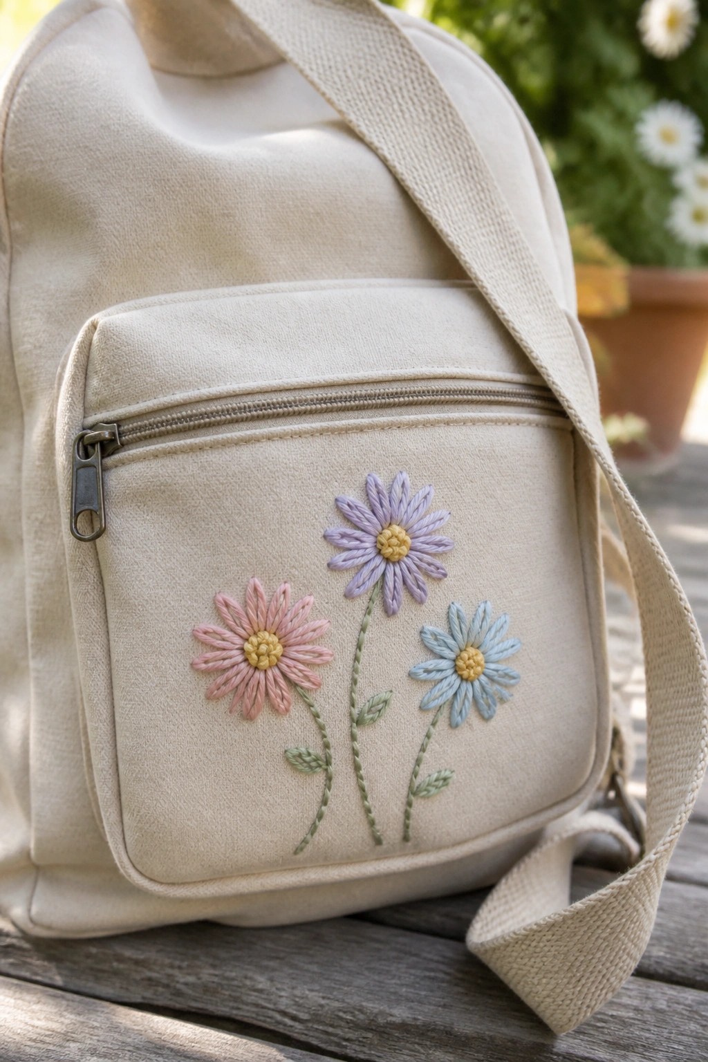 Beige canvas bag with pink, purple, and blue embroidered daisies on zippered pocket.