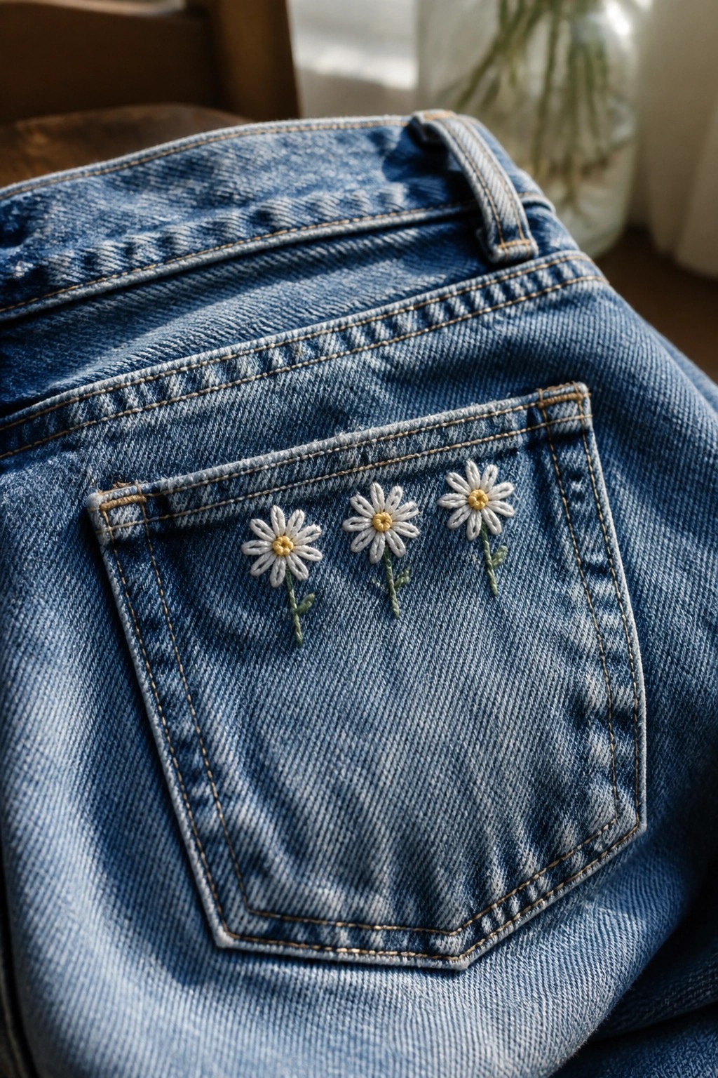Blue denim jeans pocket embroidered with three white and yellow daisies.
