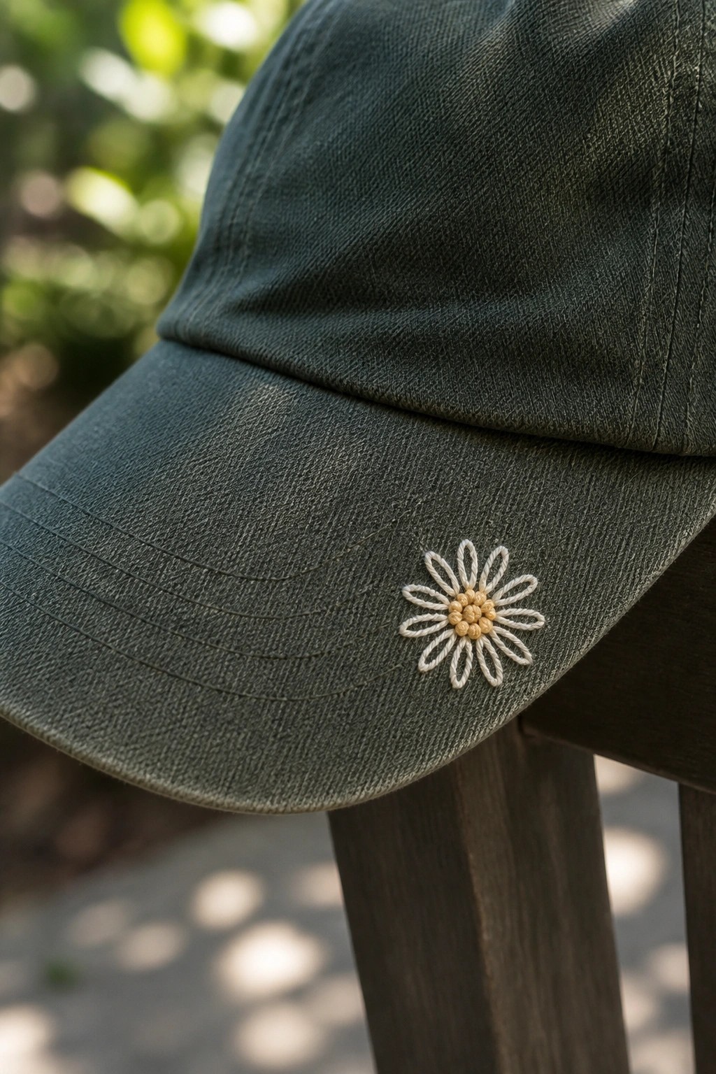 Dark green baseball cap with small white and yellow embroidered daisy on brim