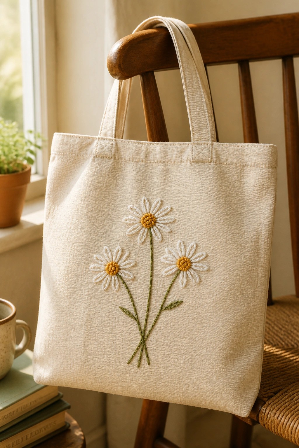 A canvas tote bag with three embroidered daisies and crossed green stems sits on a wooden chair near a window.