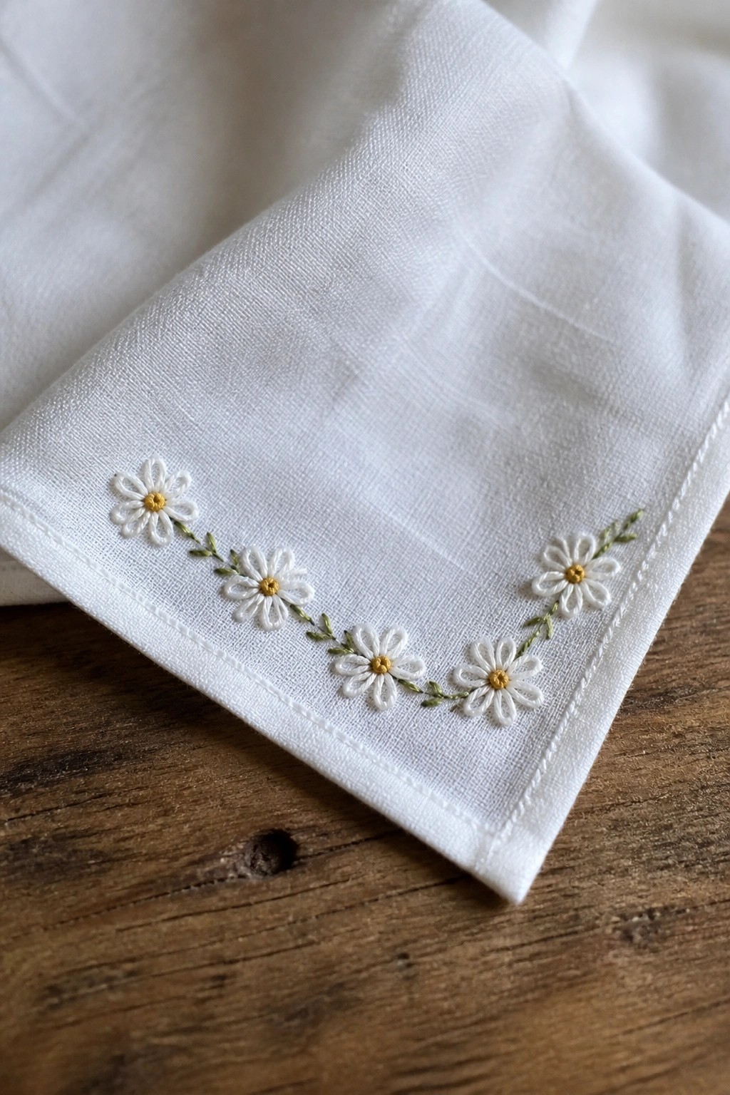 White napkin embroidered with daisies in white, yellow, and green on wood