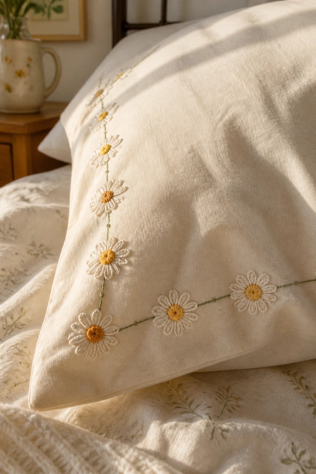 Sunlit white pillow with yellow-centered daisy embroidery on floral bedding