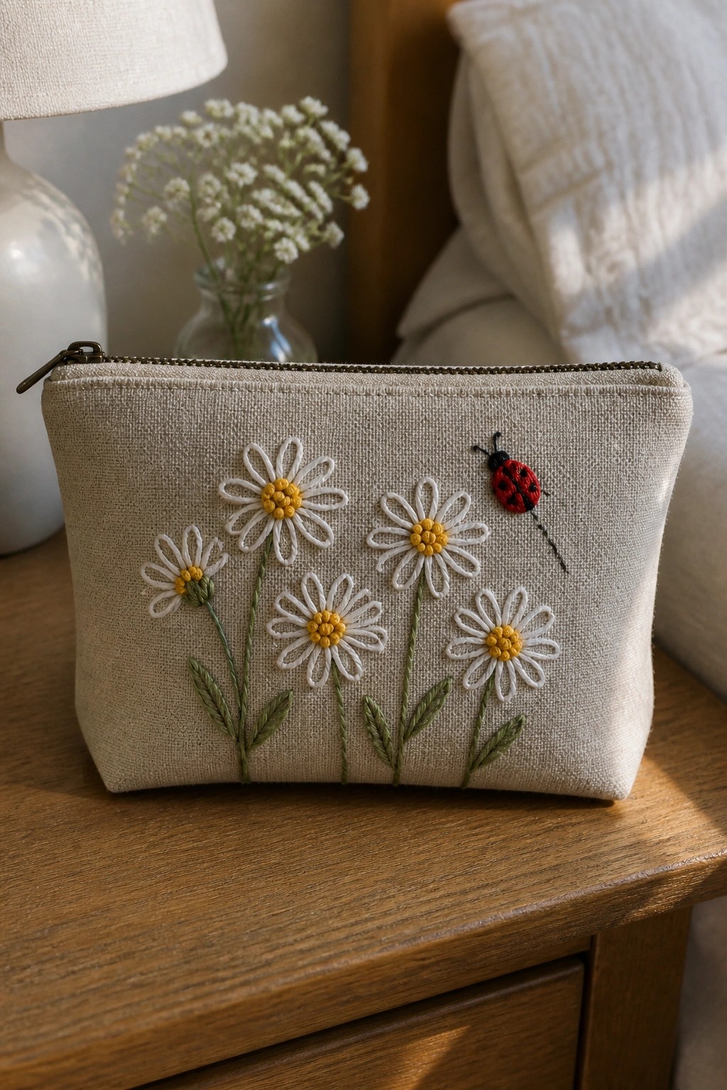 Beige zippered pouch embroidered with white daisies, green leaves, and red ladybug.