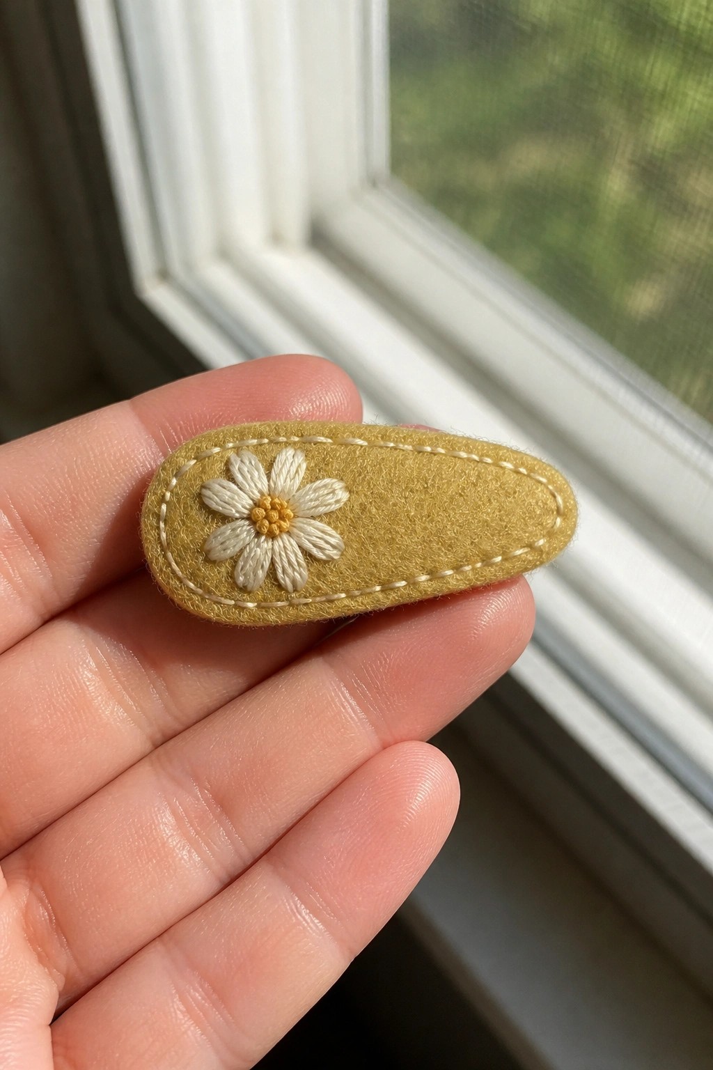 A hand holds a small oval yellow felt hair clip with a white daisy embroidered in the center.