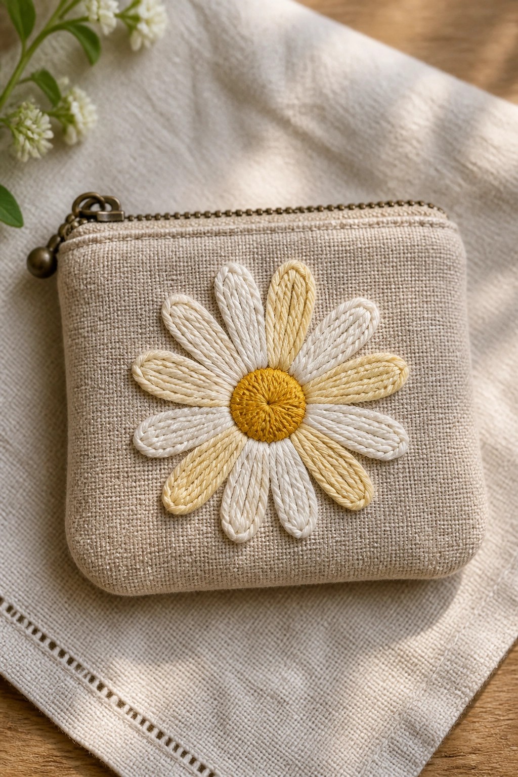 Beige linen zippered pouch embroidered with a white and yellow daisy flower