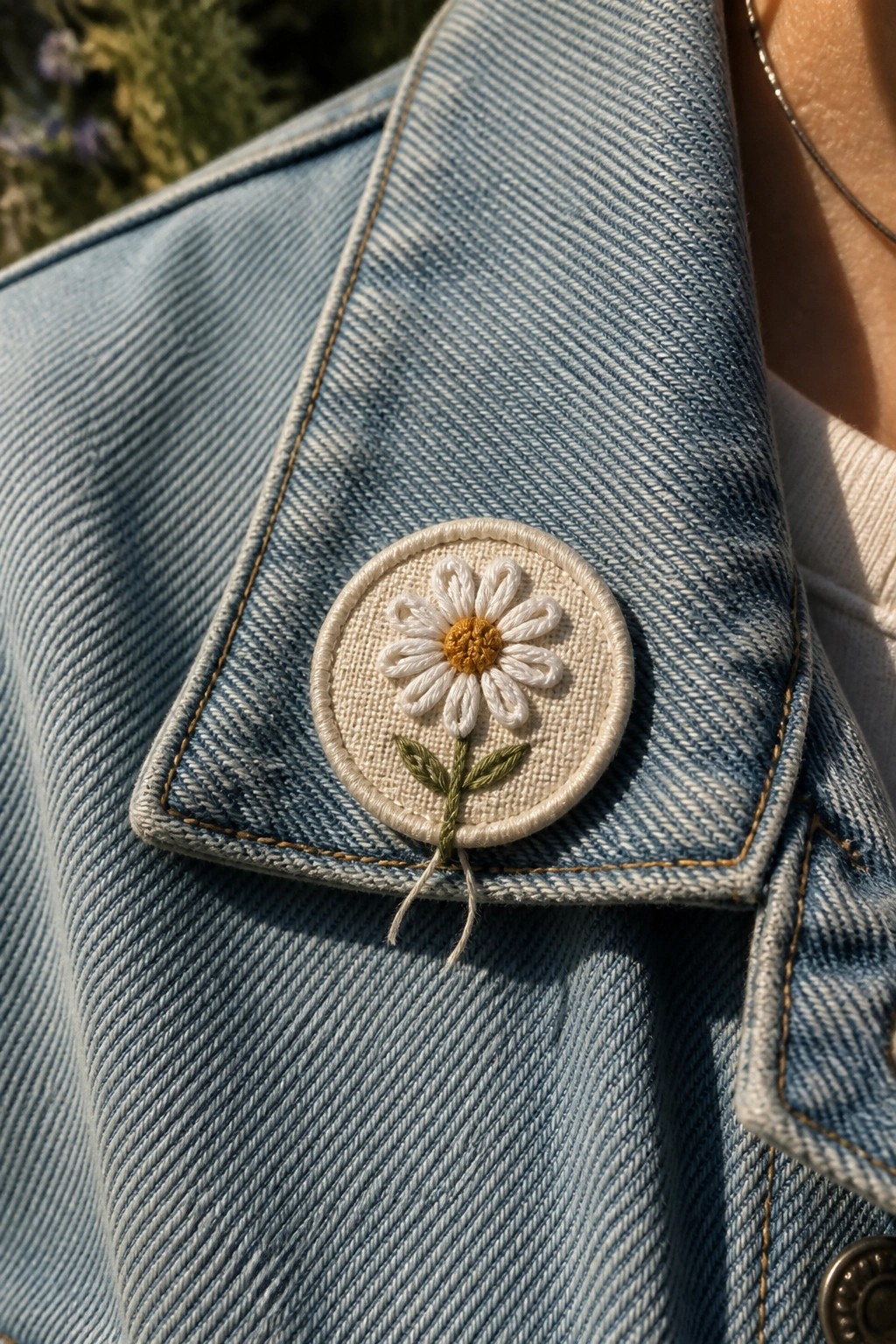 Embroidered daisy patch with white petals on light blue denim jacket pocket.