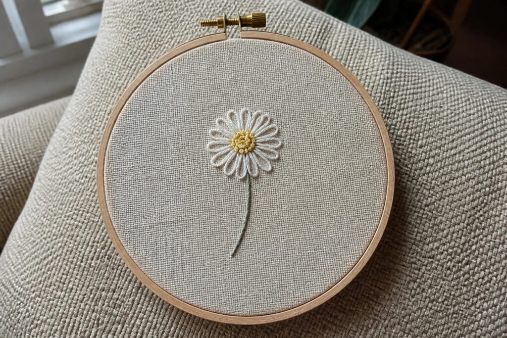 Wooden embroidery hoop with white daisy, yellow center, and green stem on beige fabric.