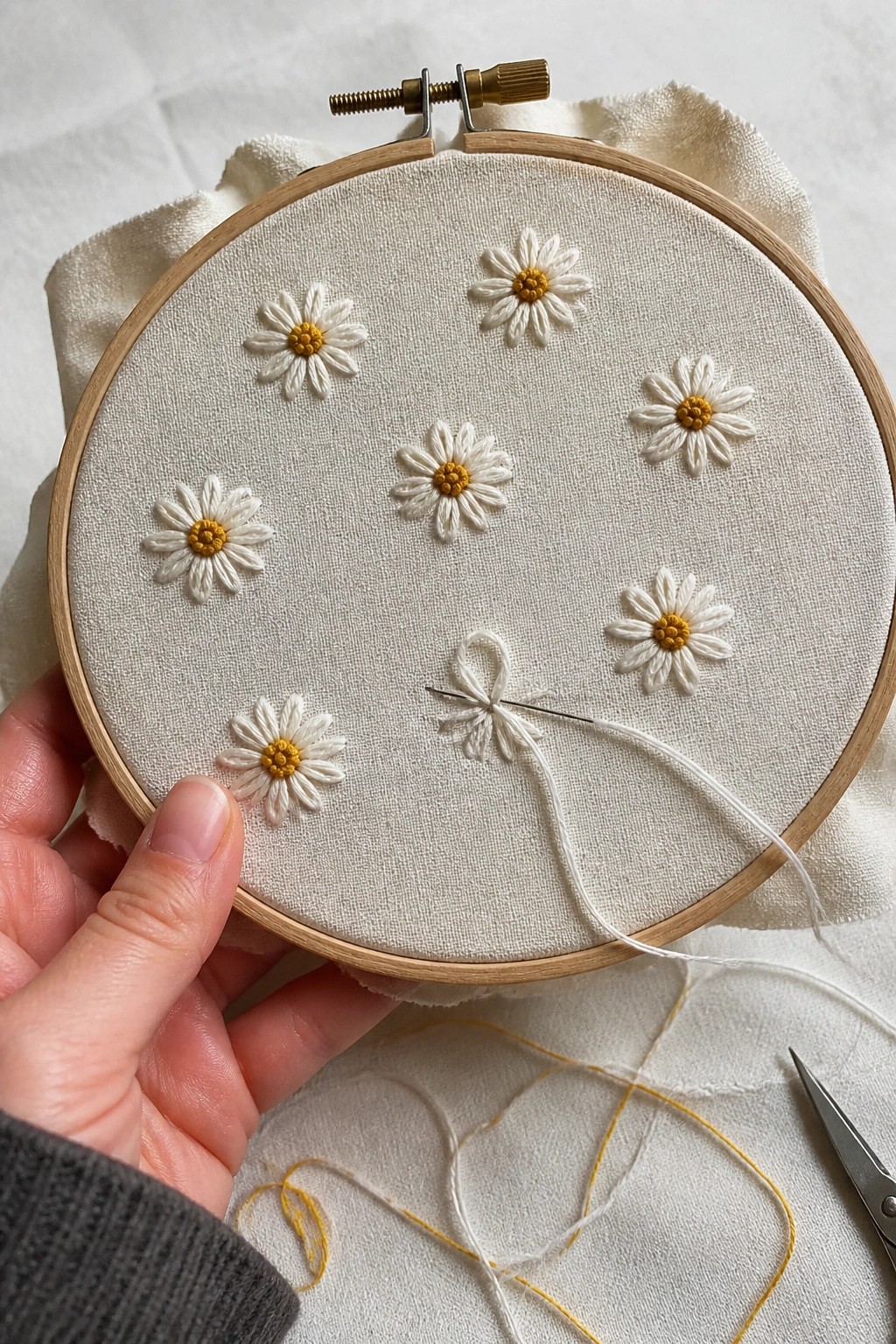 A hand holds a wooden embroidery hoop with multiple small white daisies stitched on white fabric, one daisy left unfinished with a needle and thread attached.