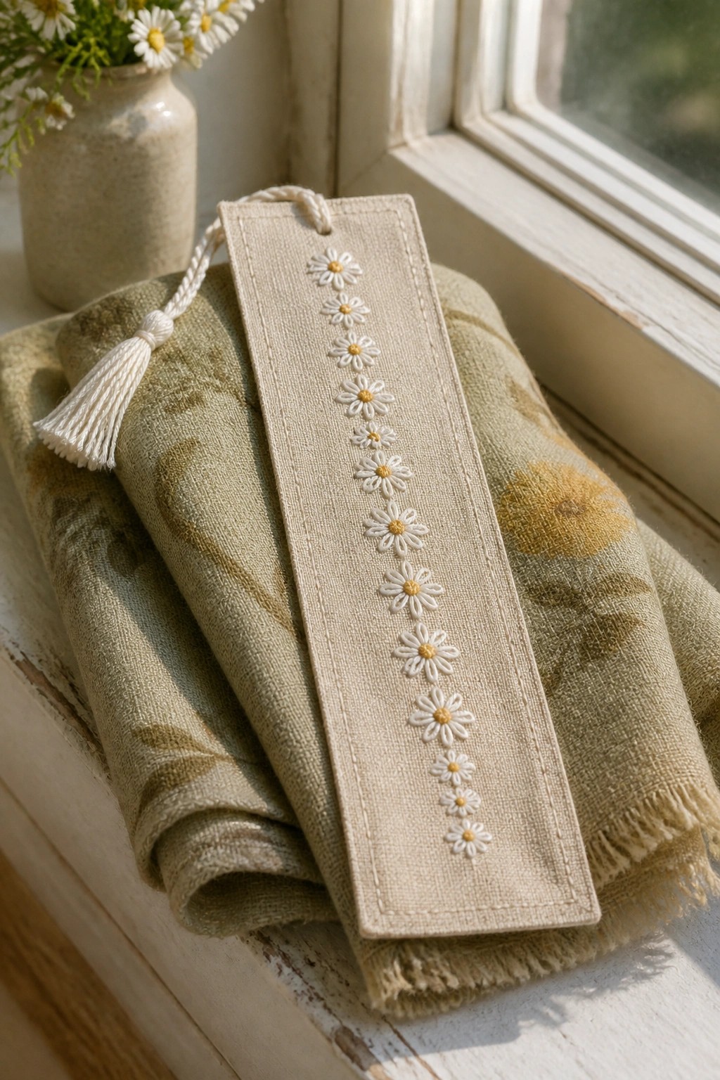 Embroidered beige bookmark with white daisies and tassel on patterned fabric by window